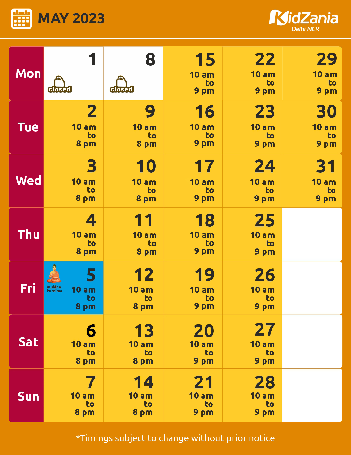 KidZania Delhi NCR Calendar May-23