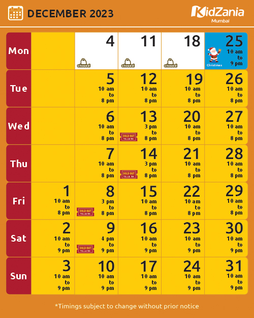 KidZania Mumbai Calendar Dec-23